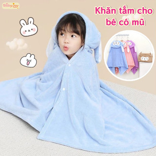 【BabyJoy】Khăn tắm cho bé có mũ,áo choàng tắm trẻ em bằng vải cotton siêu mịn, thấm hút nhanh và giữ ấm