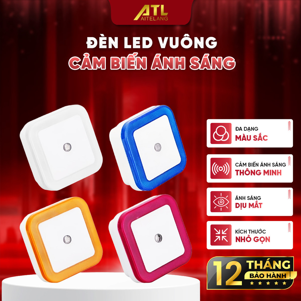 Đèn LED ngủ cảm biến ánh sáng hình vuông, tự động bật sáng ban đêm, đèn ngủ tiết kiệm điện, dịu mắt
