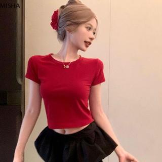 Misa Mùa Hè Ngọt Ngào Và Cay Rỗng Baless Tay Ngắn Ôm Áo Crop Top Nữ