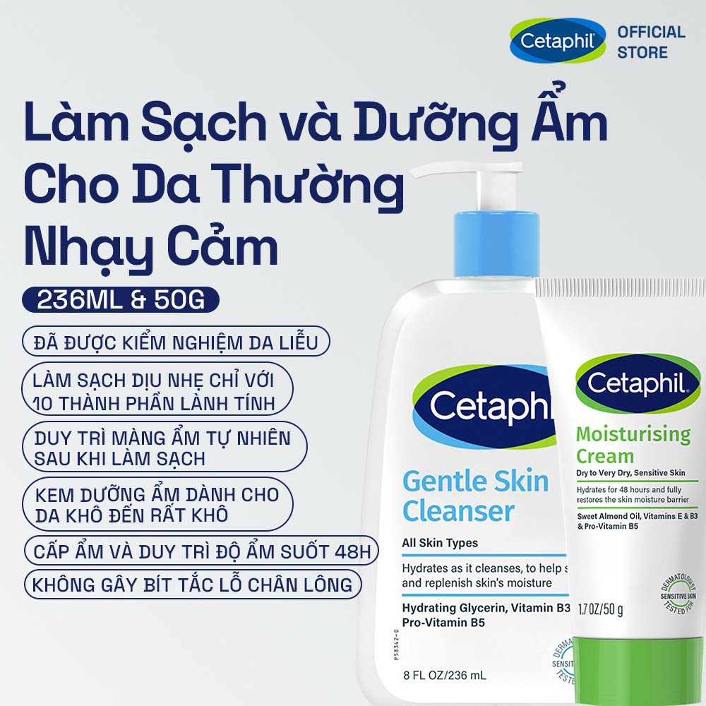 Combo Làm sạch và Dưỡng ẩm cho da thường nhạy cảm Cetaphil Gentle Skin Cleanser 236ml + Cetaphil Moisturizing 50gr