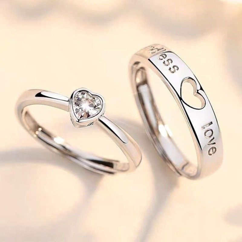 Nhẫn cặp đôi kim cương hình trái tim, thiết kế rỗng tinh tế - quà tặng hoàn hảo cho ngày lễ tình nhân