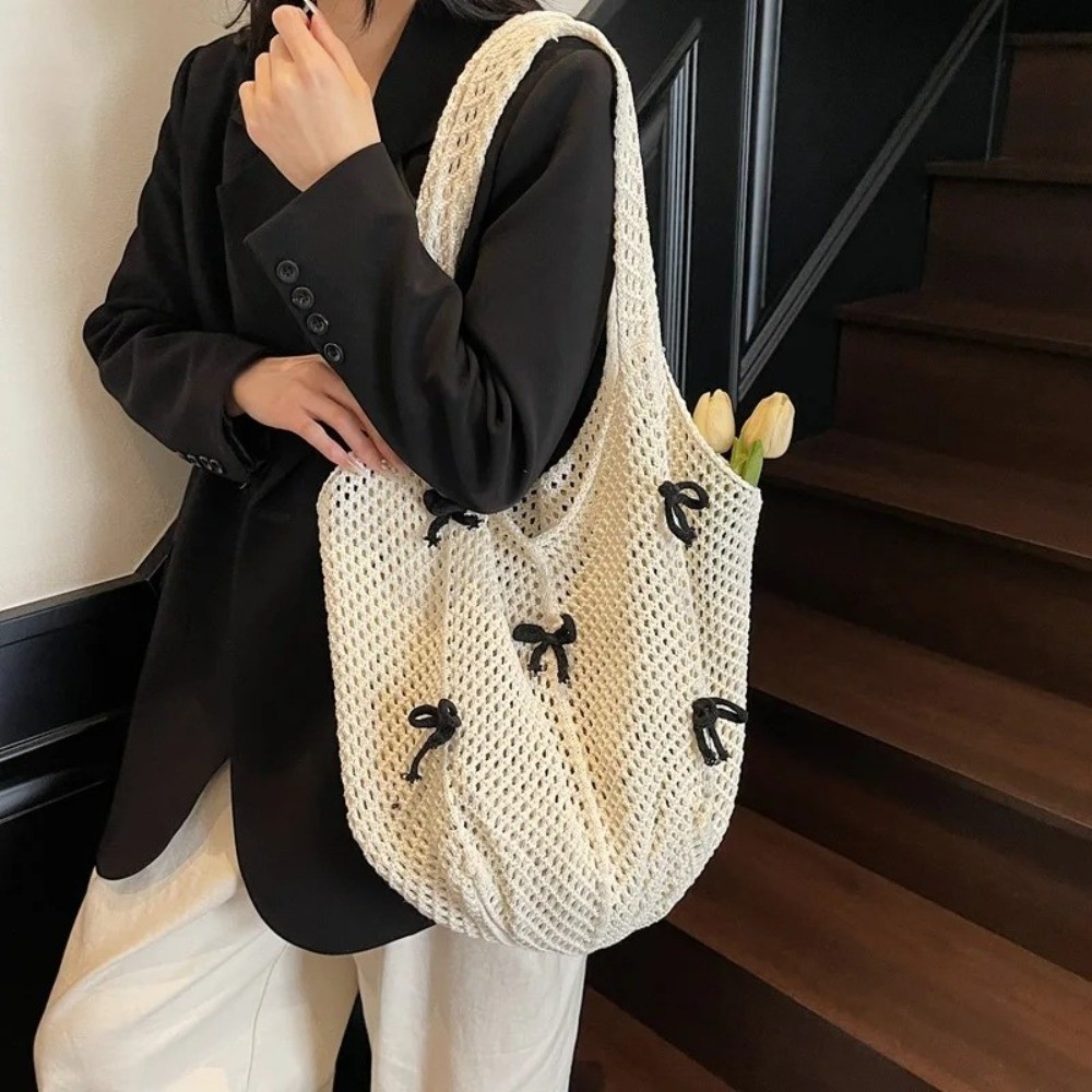 Túi đeo vai dệt kim HOBBYIN, Túi xách dệt rỗng nơ, Túi Tote họa tiết móc nhẹ thời trang phong cách Bohemian đi biển
