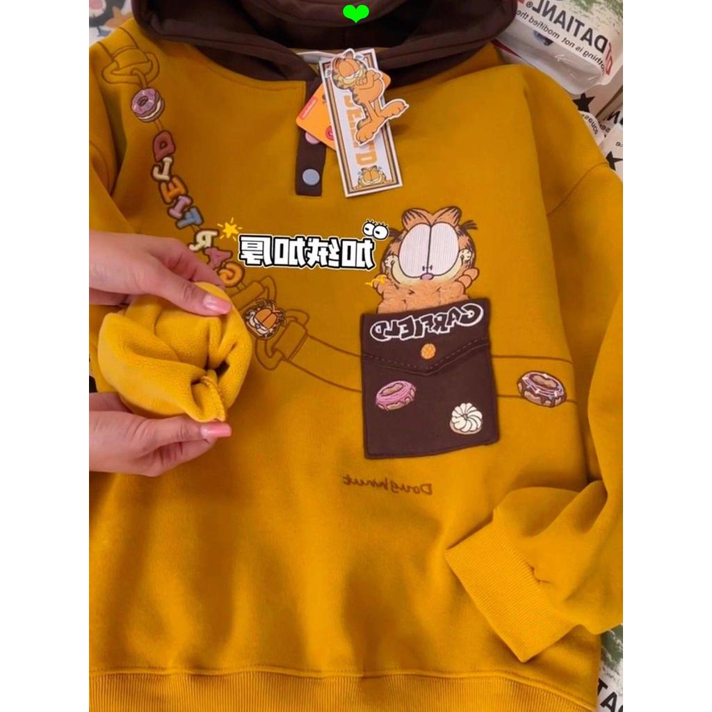 Áo nỉ có mũ trùm đầu lông cừu thêu Retro Garfield dày dặn Laz
