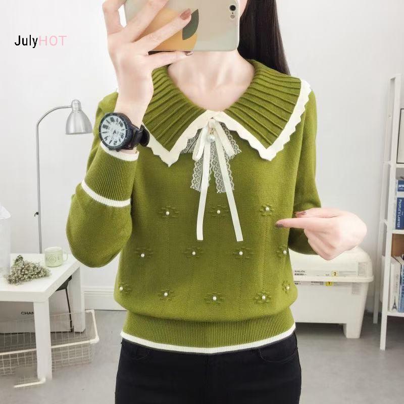 Áo len Hàn Quốc dành cho nữ với nơ ngọt ngào cổ búp bê và đính hạt