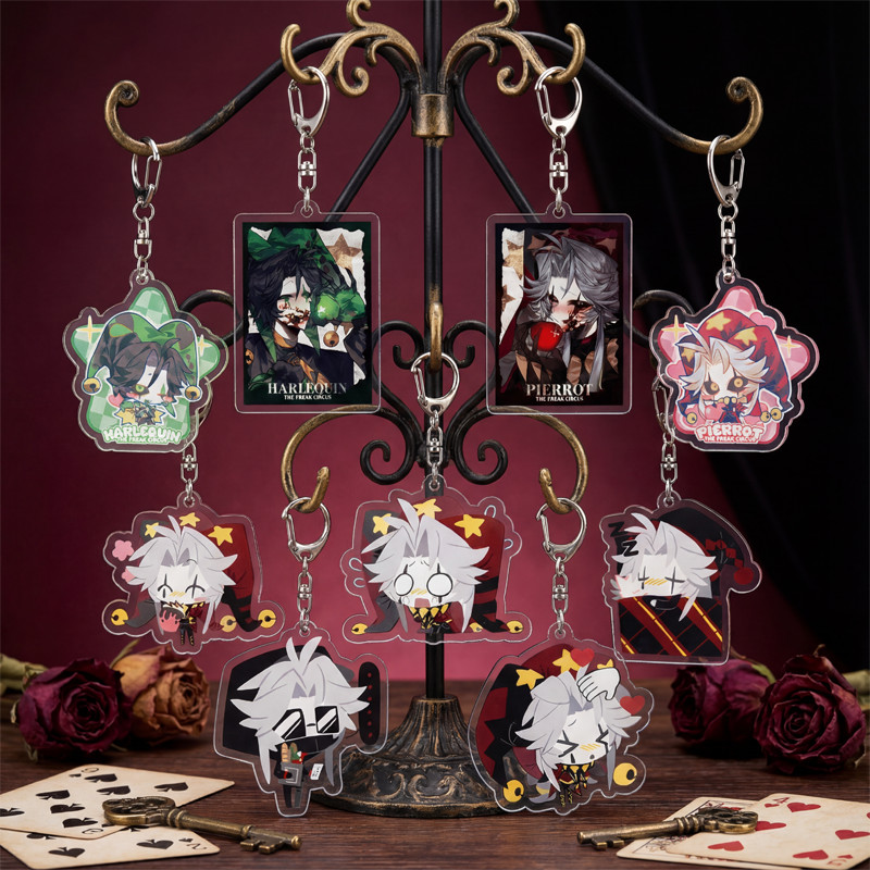 Otome Game The Freak Circus Pierrot Cosplay Keychain 6cm Kawaii Acrylic Joker Clown Pendant Keyring Bag Accessory