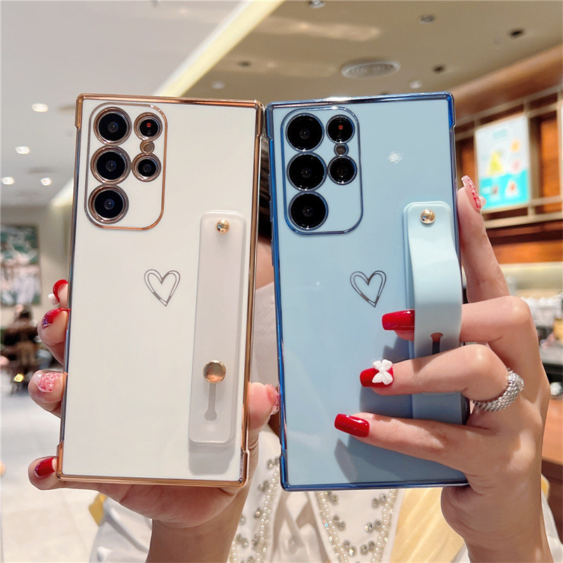 Giá đỡ dây đeo cổ tay Mạ điện cho Samsung Galaxy A57 A37 A56 A36 A27 A26 A25 A24 A17 A16 A15 A14 A55 A35 Vỏ điện thoại hình trái tim tình yêu