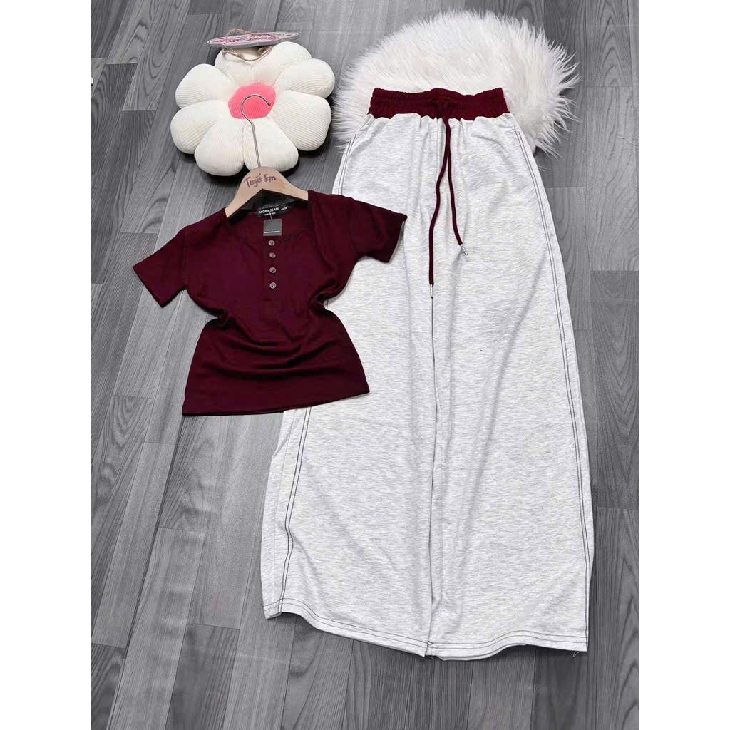 Sét quần ống rộng da cá dài THÊU NGỰA  xám tiêu + phối áo thun CROPTOP nơ xinh in giữa áo