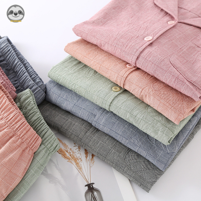 Phong cách Nhật Bản Muji Style / Cặp đôi Dark Check Pure Cotton dài tay Loungewear / Bộ đồ ngủ nam nữ mùa xuân thu / Bộ đồ ngủ đi chơi mềm mại thoải mái
