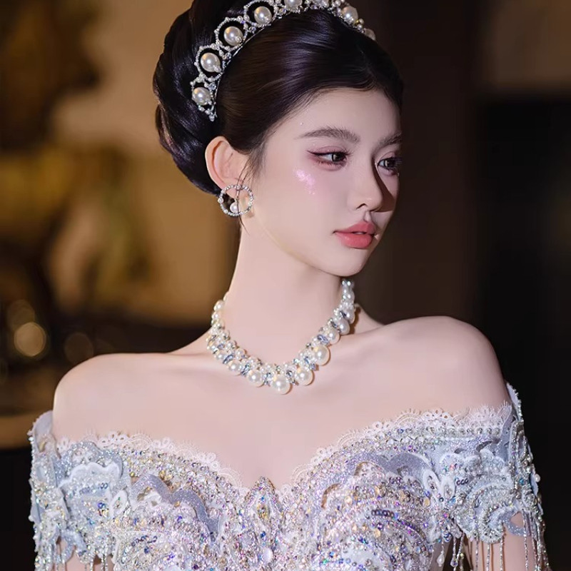 Dây Choker Ngọc Trai Đính Đá Lấp Lánh Phong Cách Vintage Pháp Cao Cấp Phụ Kiện Trang Phục Cô Dâu