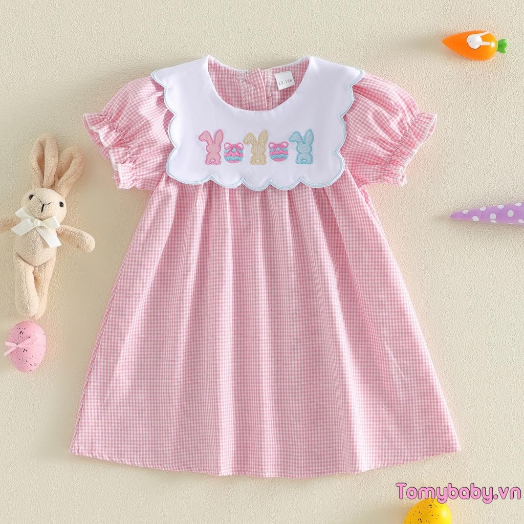 Bé Gái Tập Đi Phục Sinh Đầm Puff Tay Ngắn Cổ Tròn Thỏ Cà Rốt Thêu Kẻ Sọc In Một Dòng Váy