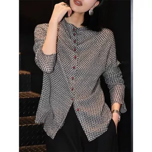 Áo sơ mi houndstooth cổ đứng dành cho nữ - Tay dài, dáng ôm, phù hợp thu đông