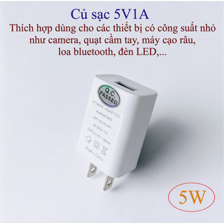 Củ sạc  5V1A công suất 5W dùng cho các thiết bị công suất nhỏ như đèn led, camera, quạt cầm tay, loa bluetooth, tai nghe
