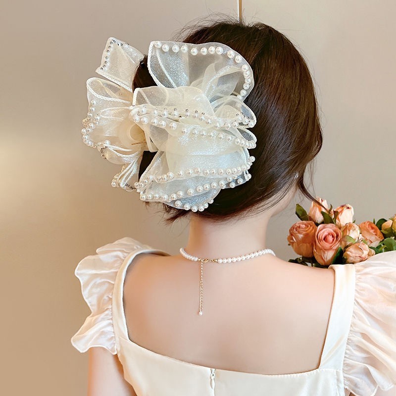 Kẹp Tóc Đính Hạt Ngọc Trai Nơ Đen Lấy Kẹp Retro Tất Cả Trận Đấu Phụ Kiện Tóc Thời Trang