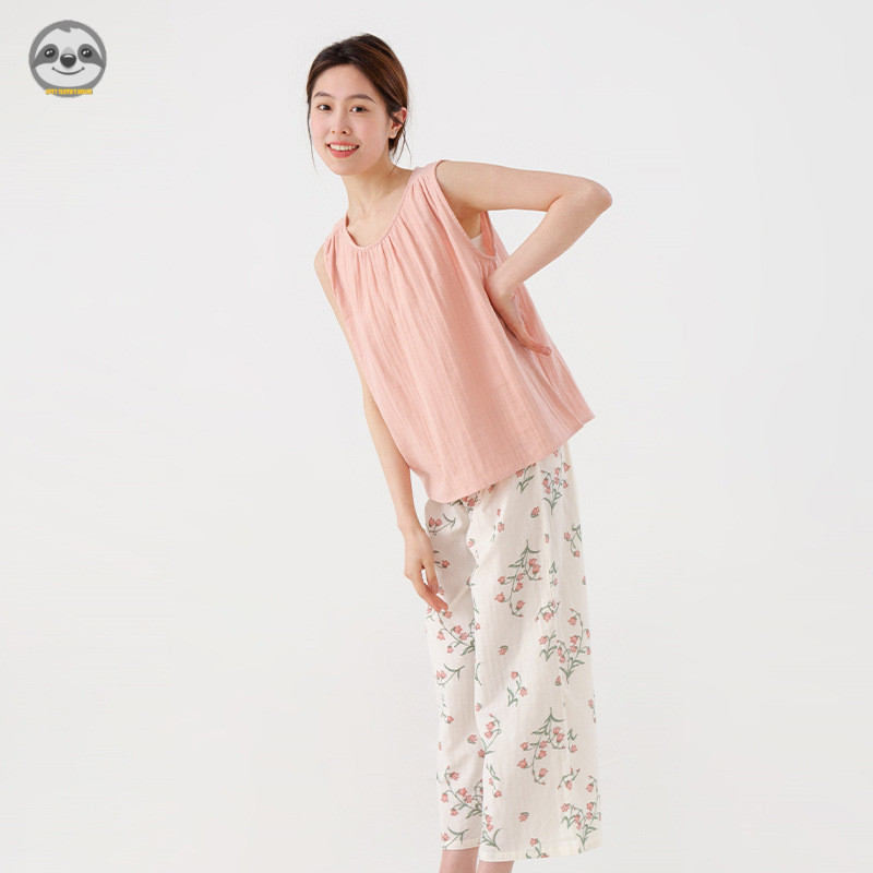 Bộ đồ ngủ không tay cổ tròn Cotton nguyên chất mùa hè dành cho nữ / Bộ đồ không tay cao cấp bằng sợi đôi / Mềm mại mát mẻ có thể mặc Quần dài đến mắt cá chân bên ngoài Bộ đồ ngủ