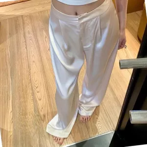 Quần ống rộng eo cao mỏng Acetate Satin phiên bản Hàn Quốc Quần trắng kiểu Pháp Slimer Look Fried Street Thời trang ống rộng dáng rộng