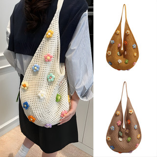 Túi Tote Dệt Ren Hoa 3D Phong Cách Bohemian, Túi Đi Biển Dạng Lưới Rỗng Đeo Vai Thời Trang Mùa Hè