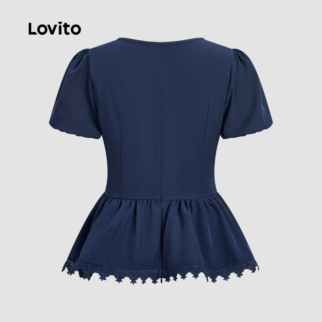 Lovito  Áo kiểu thanh lịch phối ren buộc dây viền nhún cho mùa xuân/hè màu xanh navy cho nữ L178LD09966