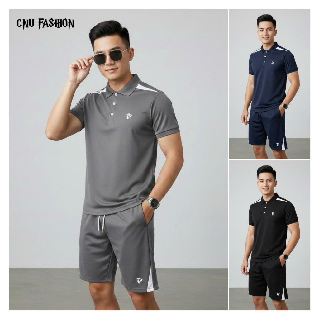 Bộ quần áo nam nữ cao cấp- Phối vai logo thêu- Chất liệu poly cá sấu co giãn mát mẻ- trẻ trung