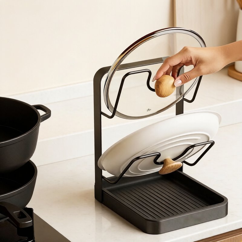 Giá đựng nắp nồi thép carbon chống gỉ 1 2 tầng khay hứng nước giải phóng không gian bếp gọn gàng