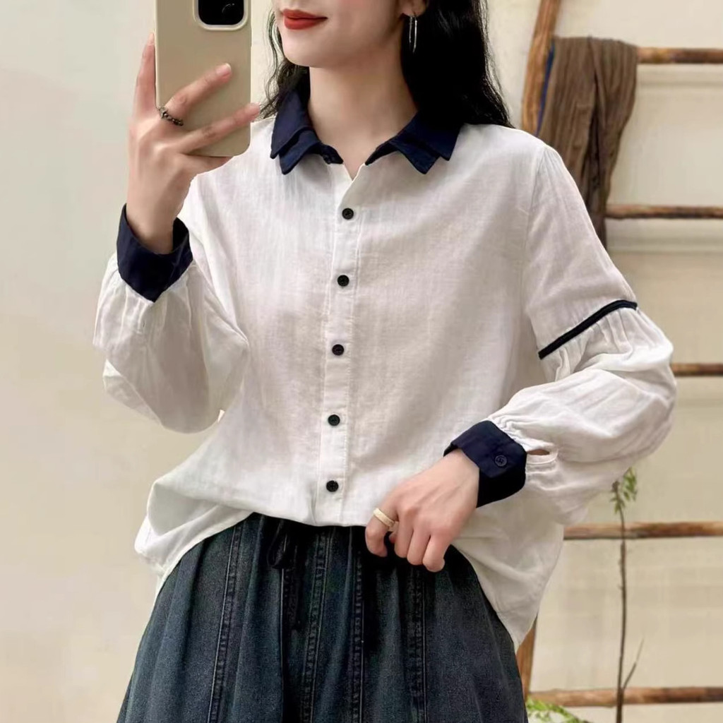 [Sẵn sàng] Áo sơ mi nữ 100% Cotton chất lượng cao Màu sắc phù hợp với áo sơ mi dài tay một ngực mùa xuân mới Skinny Top