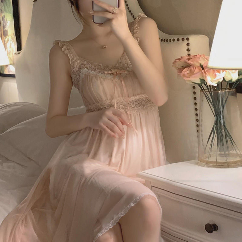 Đầm ngủ nữ mới, tay ngắn, ren lưới, có đệm ngực, phong cách công chúa dễ thương và ngọt ngào,hợp mặc ở nhà