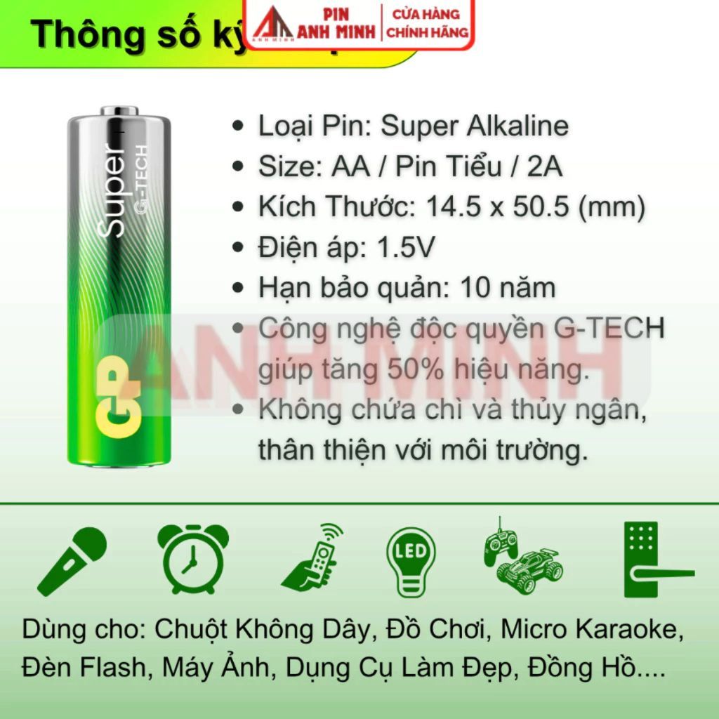 Pin AA 1.5V GP Super Alkaline Chính Hãng - Hiệu Năng Cao, Bền Bỉ, Dùng Cho Chuột Không Dây, Cửa Từ..