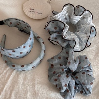 Kovoi Scrunchy Tóc Cao Cấp Màu Xanh Cà Phê Chấm Bi - Voan Sợi Sang Trọng