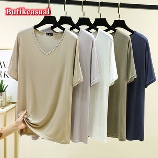 Nam Modal Rời Thường Ngày Áo Size Lớn Cổ Chữ V Tay Ngắn Áo Top Mùa Hè Mới Đồng Bằng Co Giãn Đáy Áo Sơ Mi
