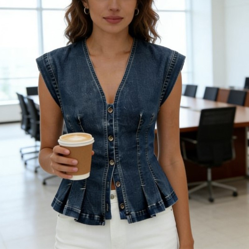 Women V Neck Jeans Pleated Vest Casual Slim Fit Short Sleeveless  Blue Black