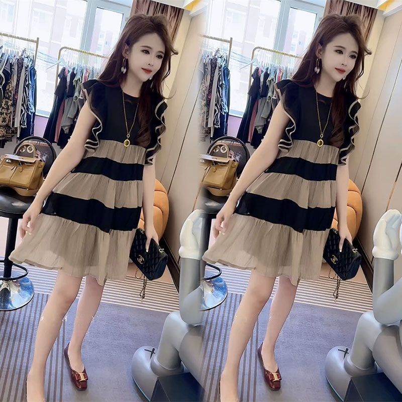 Váy Liền Không Tay,Kiểu Tây Trẻ Trung Ngọt Ngào,Mẫu Mới Mùa Hè, Váy Dài Vừa Màu Tương Phản Màu Sọc Thon Gọn Rộng Rãi