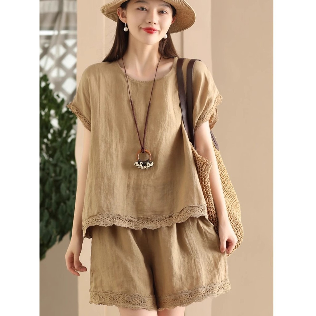 Bộ đồ thời trang mùa hè dành cho nữ, gồm áo rộng rãi và quần short ống rộng, chất liệu cotton lanh
