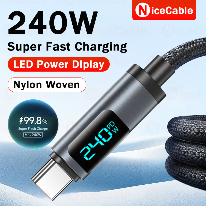 Màn hình nguồn thời gian thực Cáp sạc điện thoại Loại C đến Loại C Cáp sạc siêu nhanh 240W Dây dữ liệu chống vỡ bện Nylon Tương thích rộng rãi