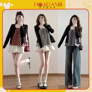 Set áo 2 dây kẻ kèm áo cardigan dài tay phong cách Hàn Quốc, Set Áo Kẻ Siêu Xinh