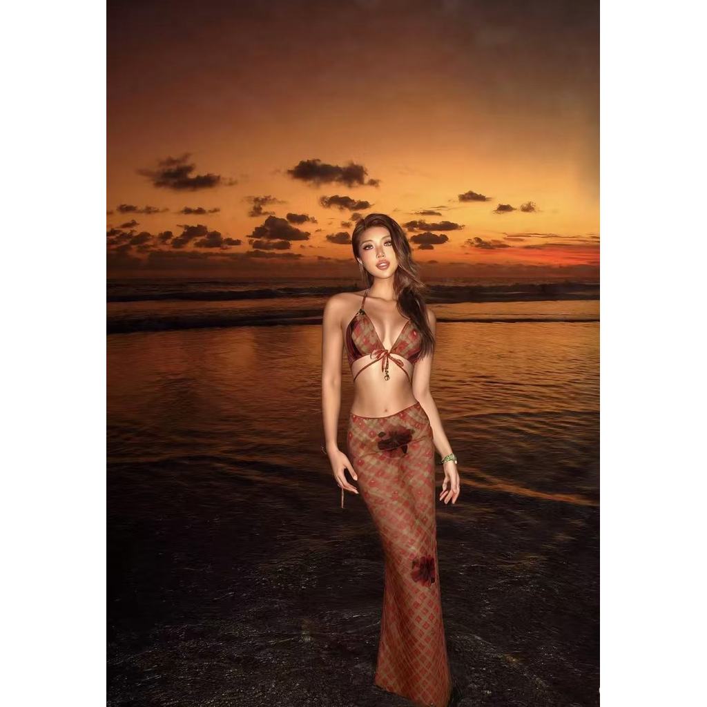 Đồ bơi bikini ba mảnh retro kẻ sọc cho nữ, phù hợp mùa xuân