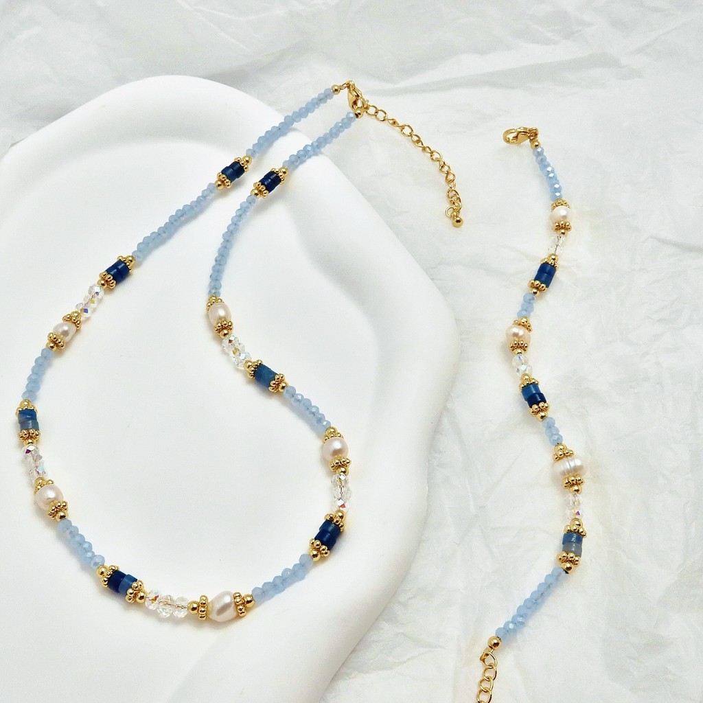 Vòng cổ nữ handmade ngọc trai ngọt nước, hạt vàng biển xanh, thiết kế vintage thanh lịch