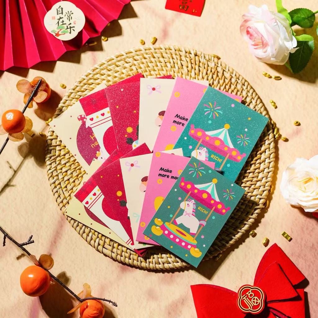 Bao Lì Xì Tết Năm Con Ngựa 2026 - Họa Tiết Ngựa Pony & Vòng Quay Ngựa Gỗ Dễ Thương Ép Kim Tuyến Lấp Lánh Độc Đáo