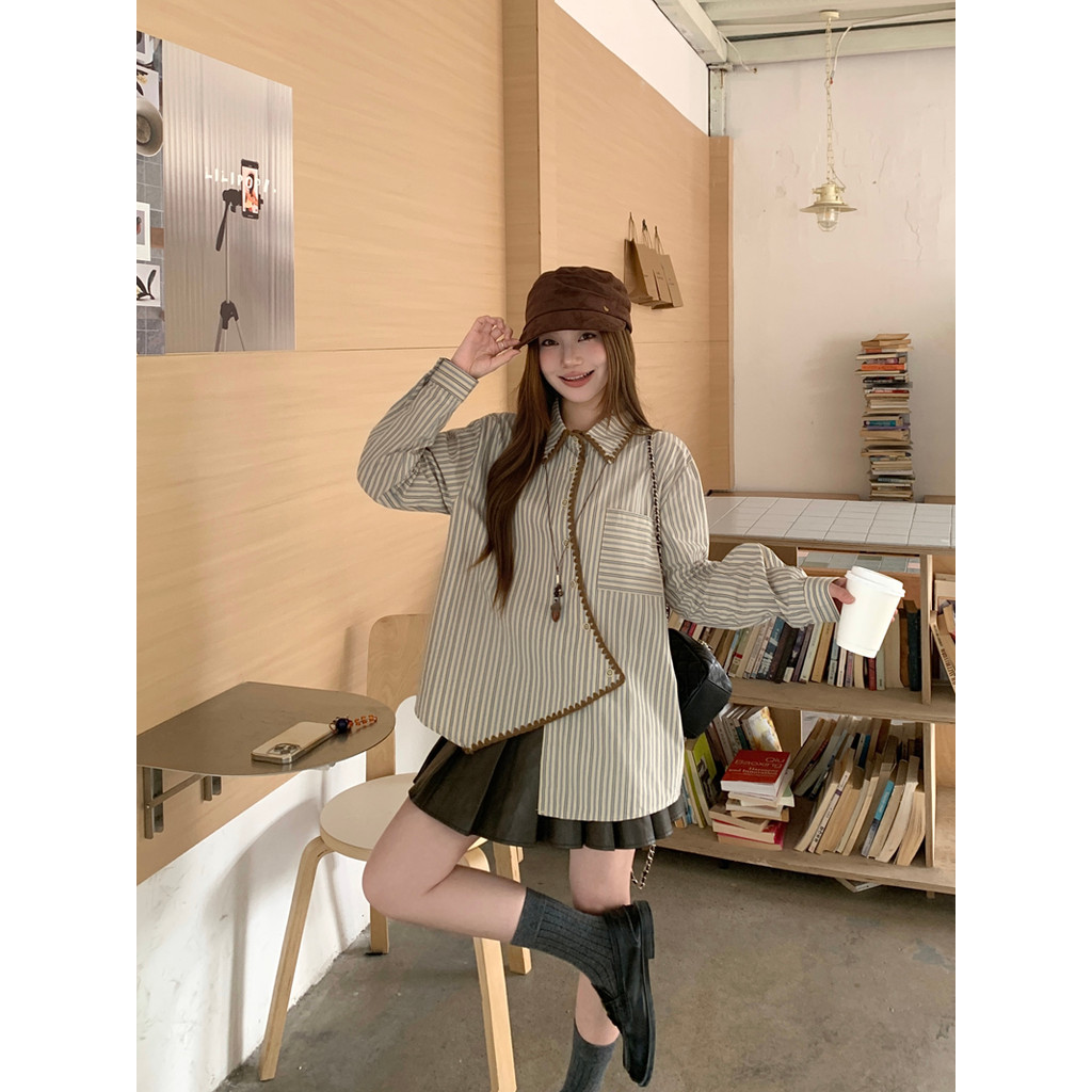SUXI Áo sơ mi nữ dài tay sọc không đều đầu xuân mới 260119