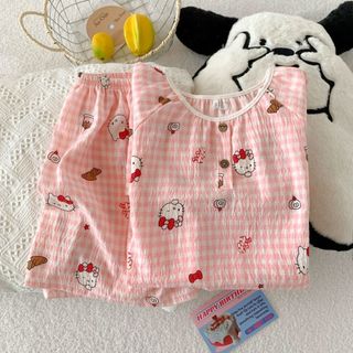 Bộ đồ ngủ cotton mây cho bé gái – Áo cổ tròn tay ngắn + quần short, họa tiết Hello Kitty dễ thương