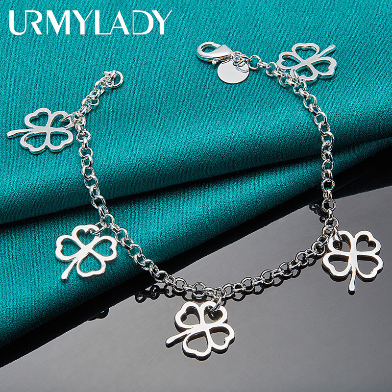 URMYLADY - Mặt dây chuyền và vòng tay bạc 925 bốn lá cỏ ba lá, thời trang thanh lịch cho nữ