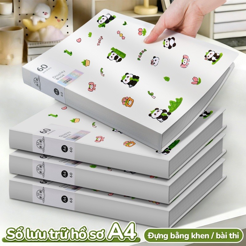 Tệp đựng tài liệu sticker gấu trúc cho học sinh & công sở - File lá đựng hồ sơ A4 trong suốt 30/40/60 lá