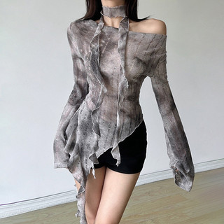 Áo thun dài tay một vai phong cách Wasteland Retro Tie-Dye, form slim-fit dành cho nữ