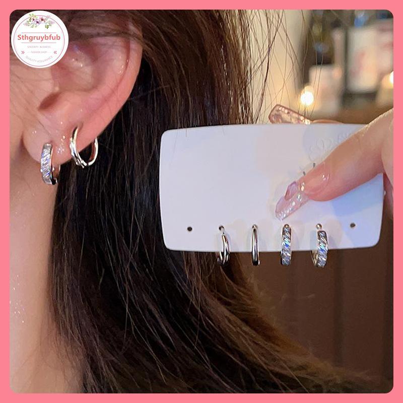 Bộ 4 Cái Bông Tai Vòng Pha Lê Zircon Thẩm Mỹ, Thời Trang Hằng Ngày và Làm Quà Tặng