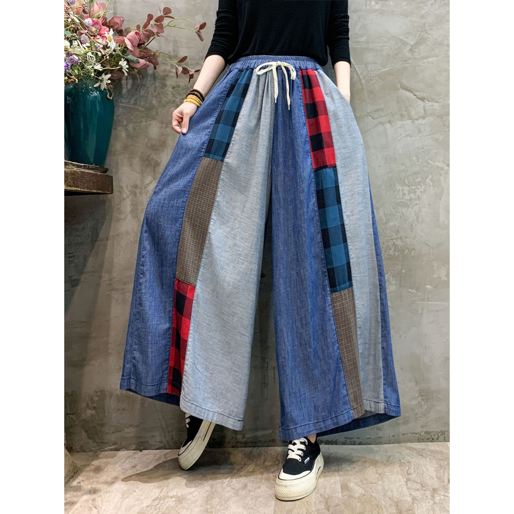 Quần Denim Nữ Cao Cấp Retro với Màu Sắc Thời Thượng, Miếng Dán Nối Eo Cao và Thắt Lưng Co Giãn, Thiết Kế Ống Rộng Thẳng