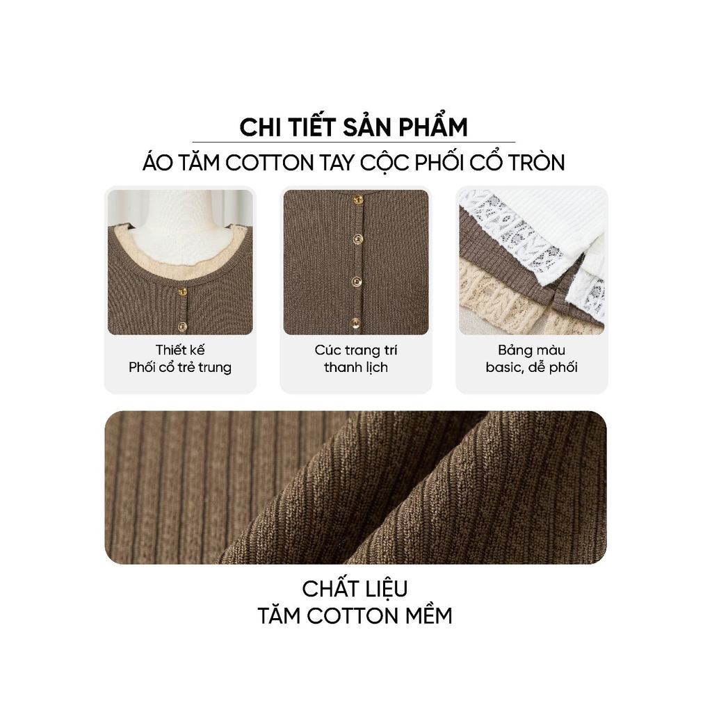 Áo thun nữ CARDINA chất tăm cotton cộc tay phối cổ tròn 6AFC01