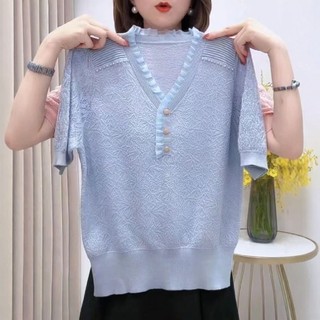 Áo Thun Cổ Chữ V Tay Ngắn Cho Nữ, Thiết Kế Ren Cổ Điển Xu Hướng Hàn Quốc, Thích Hợp Mặc Mùa Hè