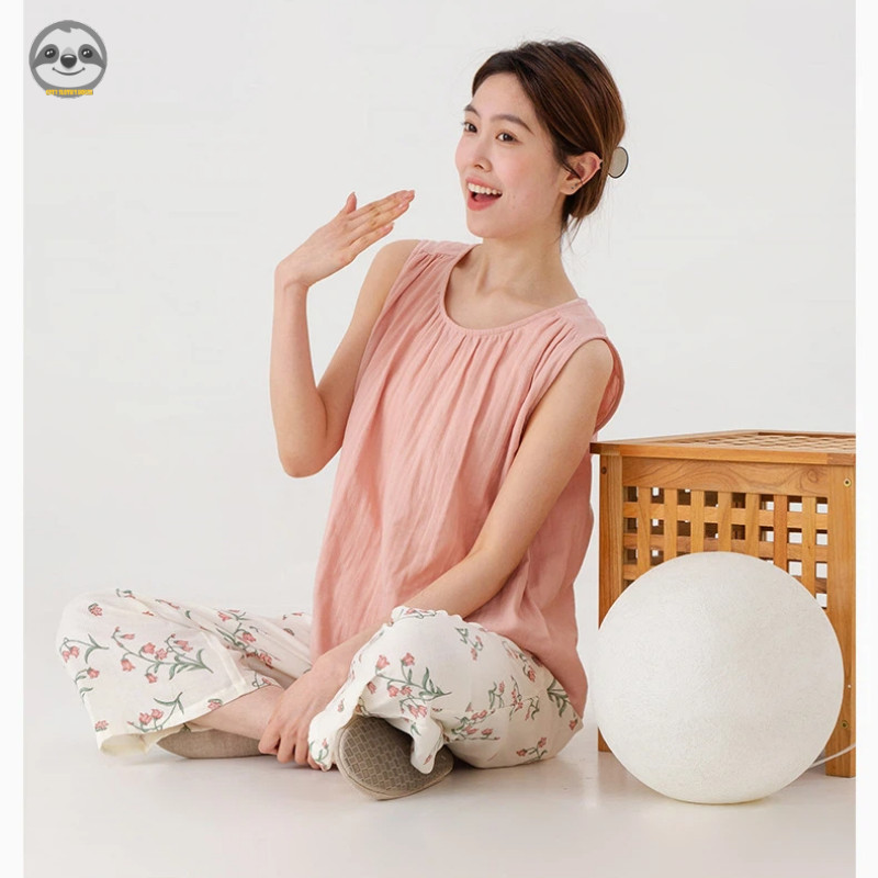 Bộ đồ ngủ không tay cổ tròn Cotton nguyên chất mùa hè dành cho nữ / Bộ đồ không tay cao cấp bằng sợi đôi / Mềm mại mát mẻ có thể mặc Quần dài đến mắt cá chân bên ngoài Bộ đồ ngủ