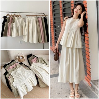 Set Váy Áo Babydoll Ba Lỗ Xếp Ly Kèm Chân Váy Kaki Dáng Dài Hàn Quốc, Set Đồ Bộ