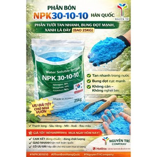 Phân Bón NPK 30-10-10 Hàn Quốc – Phân Tưới Tan Nhanh, Bung Đọt Mạnh, Xanh Lá Dày (Bao 25KG)