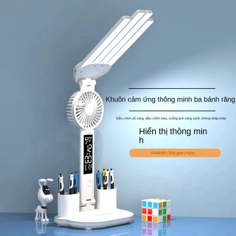 Đèn LED Để Bàn Đa Năng, Đèn Học Để Bàn Chống Cận Cao Cấp Với 3 đèn，đèn học，đèn học chống cận có đồng hồ quạt & đựng bút