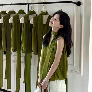 Áo sơ mi cổ chữ V không tay màu xanh lá, thiết kế ribbon phong cách Pháp, phù hợp mùa hè